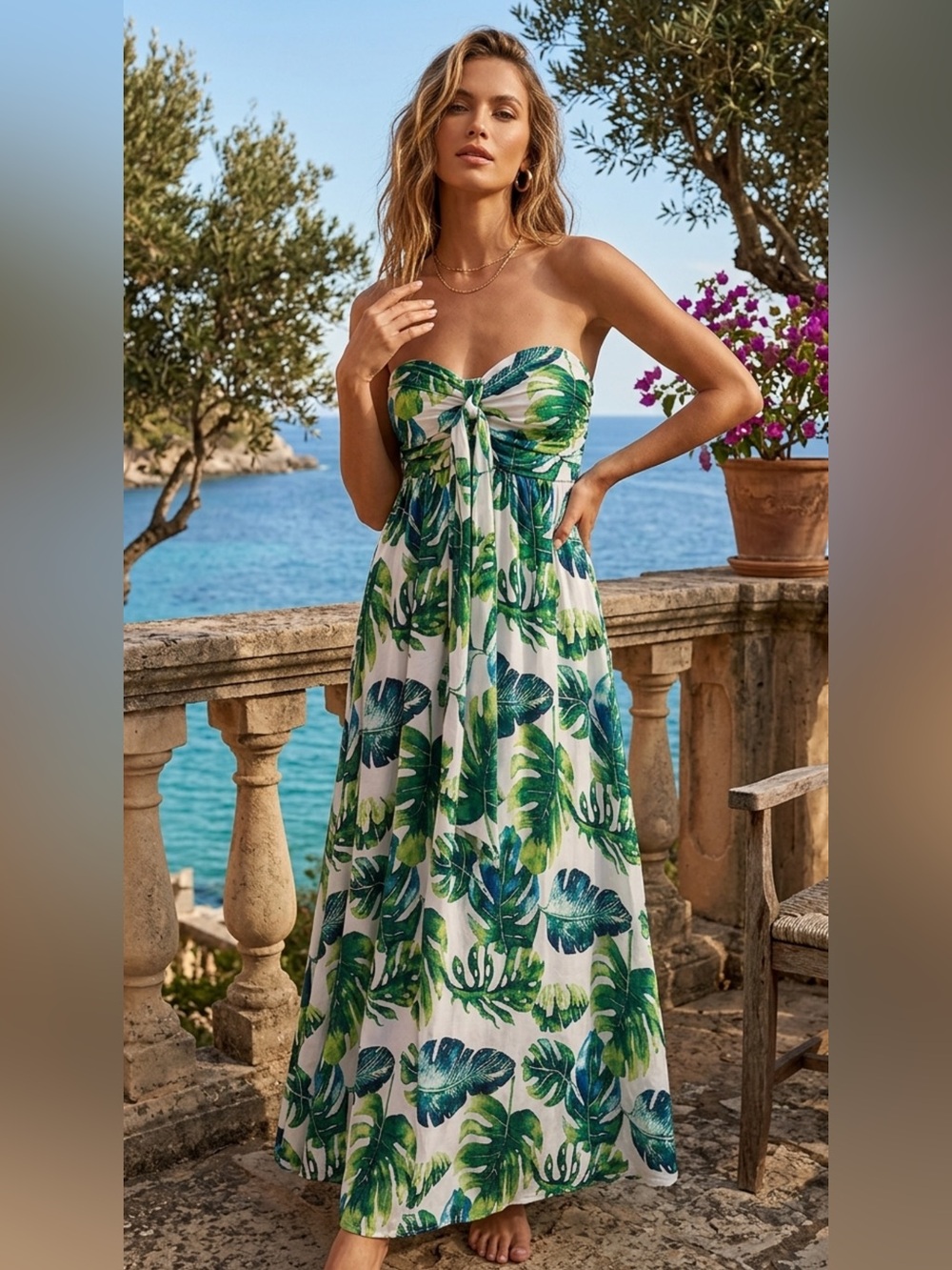 L'ATISTE Strapless / Halter Convertible Maxi Dress White with Green Leaf Print